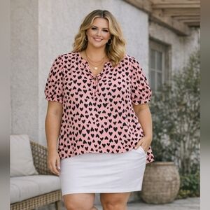 Como Black Women's Pink Heart Print Short Sleeve Blouse Size 2x